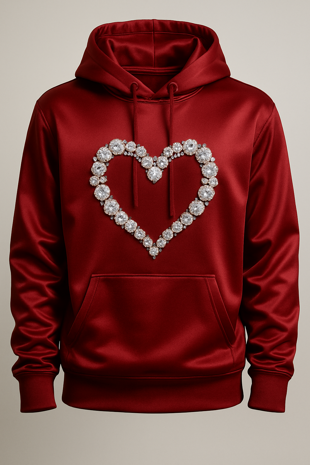 Red hoodie with a heart-shaped design made of pearls on a beige background